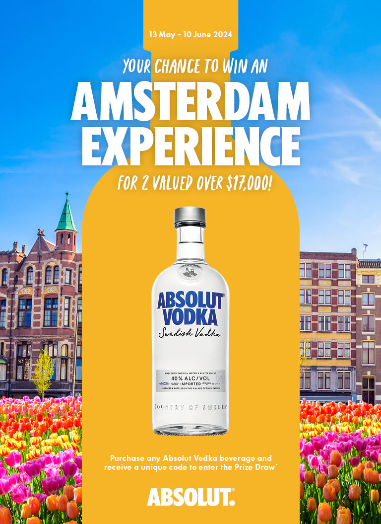 YOUR CHANCE TO WIN AN AMSTERDAM PRIDE EXPERIENCE FOR 2, VALUED OVER $17,000! 13 May 2024 – 10 June 2024. Experience the ultimate getaway with Absolut Vodka! Purchase any Absolut Vodka beverage at a participating venue and receive a unique code to enter the Prize Draw. Don't miss the chance to immerse yourself and your chosen guest in Amsterdam's vibrant atmosphere at one of Europe's most iconic events - Amsterdam Pride. Celebrate love, diversity, and inclusion and create memories that will last a lifetime.